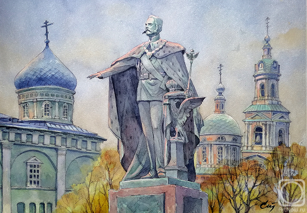 Stuliev Leonid. The village of Kimra, 1916. Cathedral Square. Monument to Alexander II