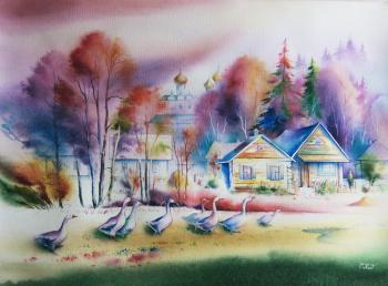 Village. Scene with geese (Rustic Village Scene). Hodykina Svetlana