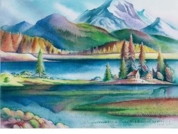 A mountain landscape with a lake, houses and fir trees (Landscape With Fir Trees). Hodykina Svetlana