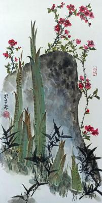 Young bamboo and stone