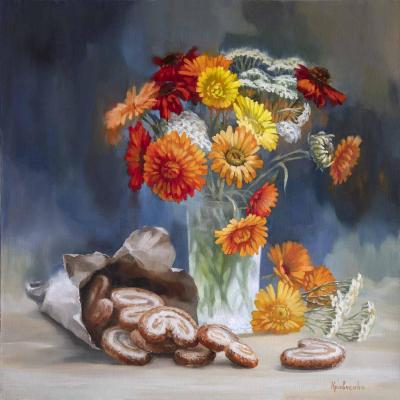 Summer Still Life with a bouquet of calendula and cookies. Kravchenko Yuliya