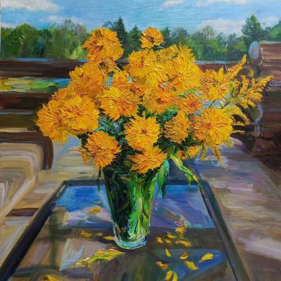 Yellow flowers on a blue sky background