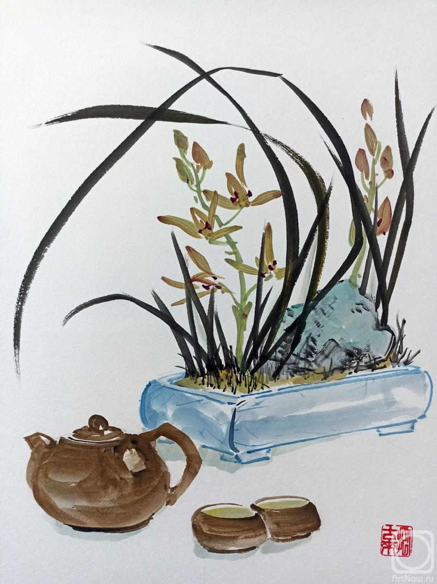 Mishukov Nikolay. Drinking tea and admiring orchids