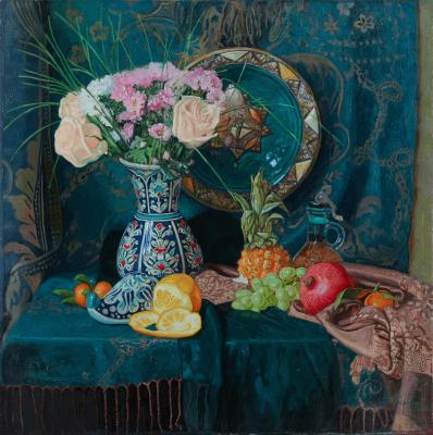Oriental still life with flowers and fruits