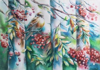 Sparrow among bunches of mountain ash and birch. Hodykina Svetlana