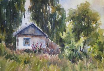 House with hollyhocks. Golovina Tatyana