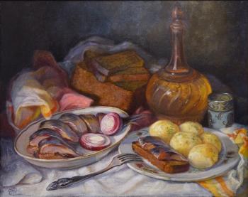 Still life with a decanter and herring. Shumakova Elena