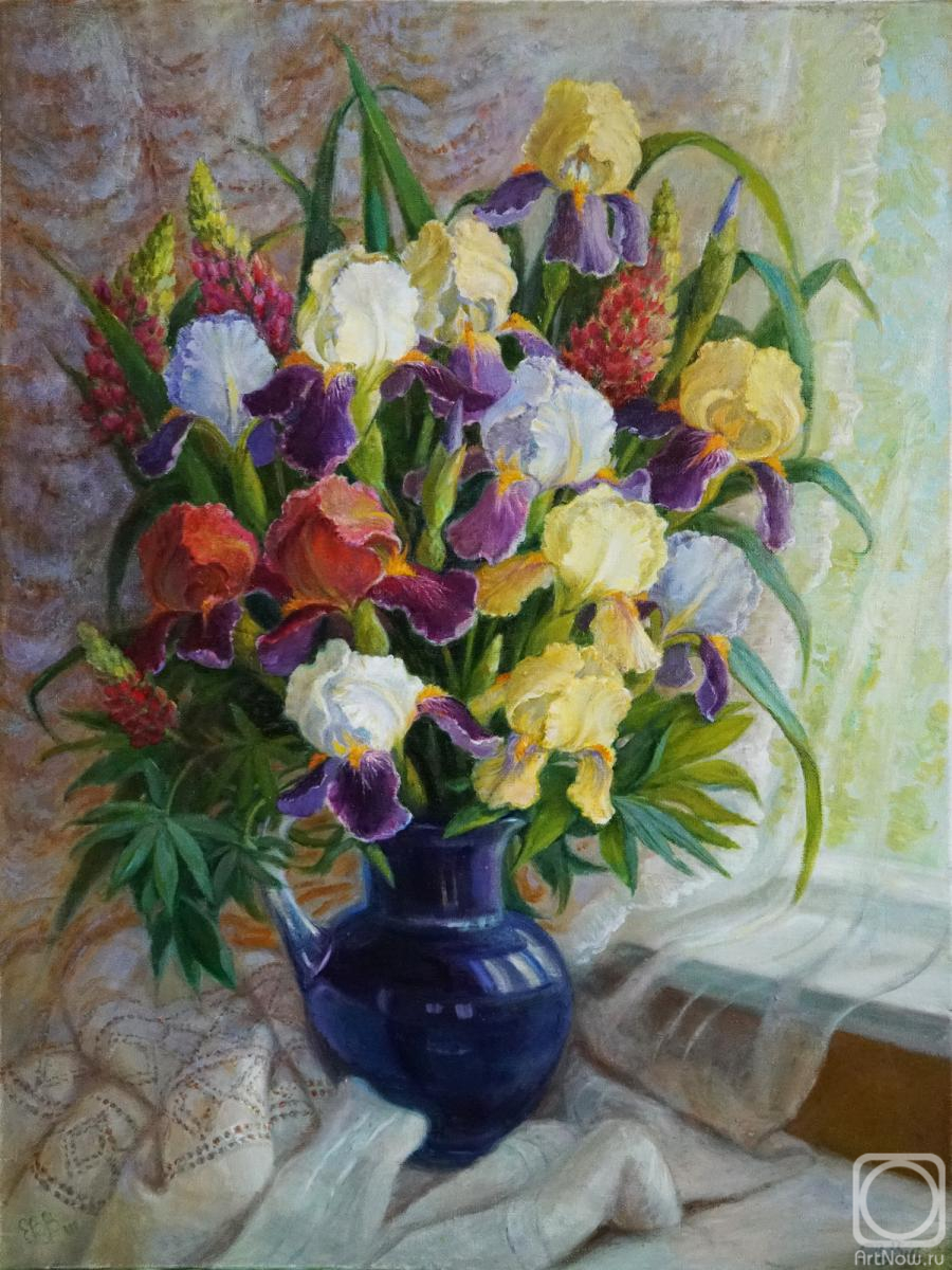 Shumakova Elena. Irises in a blue vase