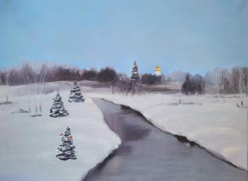 Winter landscape with a temple and a river (Painting With Bullfinches). Feldman Valentina