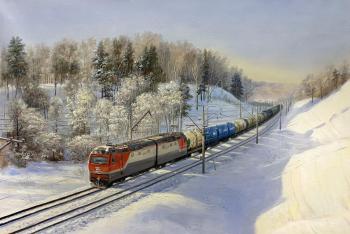 Sunny winter day. Train. Railroad. Kamskij Savelij