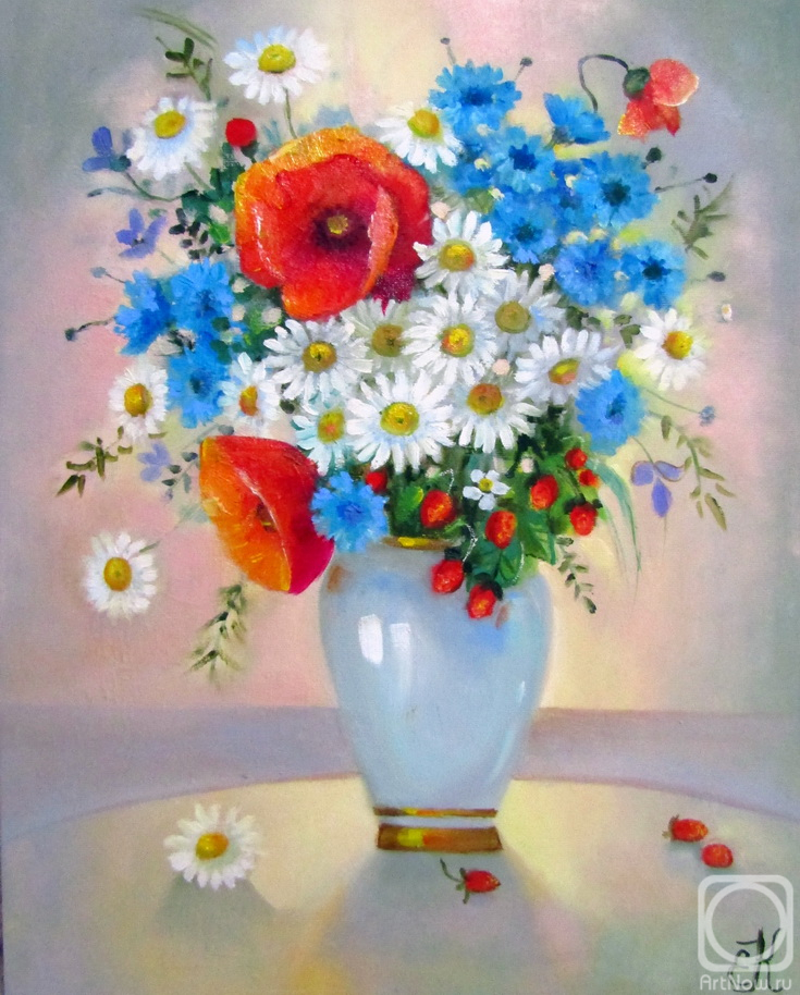 Kropacheva Elena. Still life with bouquet of wild flowers and wild strawberries