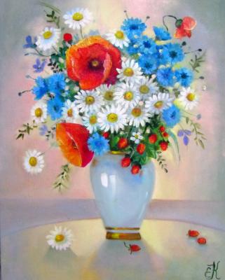Still life with bouquet of wild flowers and wild strawberries (Still Life With Chamomile). Kropacheva Elena