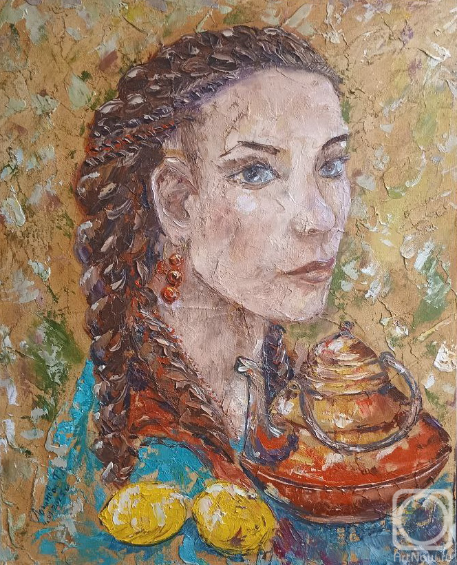 Loginova Tatyana. A girl with a kettle and lemons