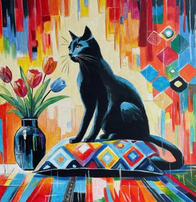 A black cat on a pillow. A vivid picture for the interior. Utlyakova Anastasiya