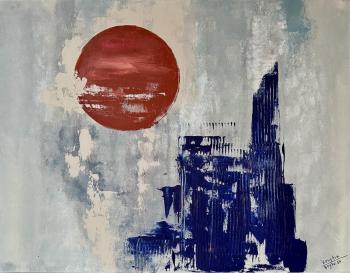 Grey-beige landscape of the city with terracotta sun. Bryakotina Kristina