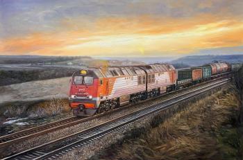 Kamskij Savelij Olegovich. Train at sunset. Railroad