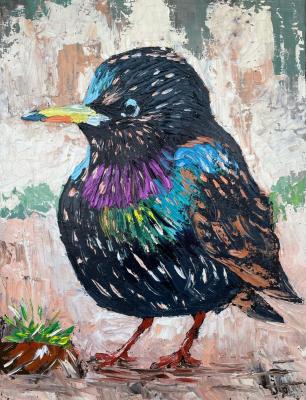 Starling oil painting, bird, textured painting