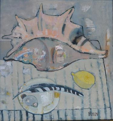 Still life with shell, lemon and feather