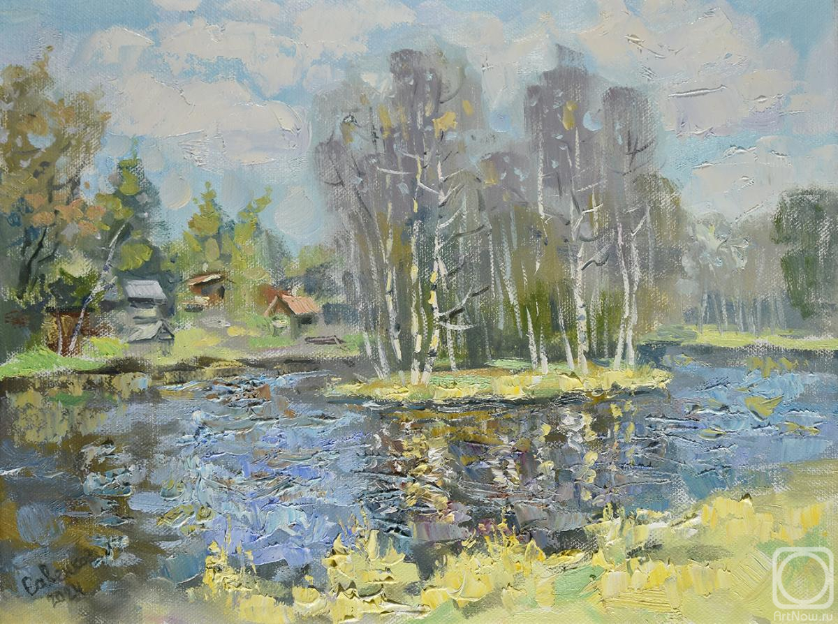 Картина маслом на холсте. Савенкова Наталья. Весна река Лубья