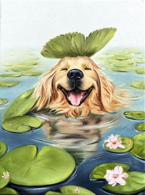 Dog in a pond among water lilies. Dankova Alyona