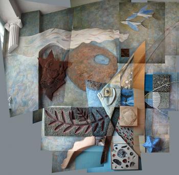 Large collage / Composition `Pterophyllum leopoldi` on the East wall of a Kindergarten staircase interior (Cords). Yudaev-Racei Yuri