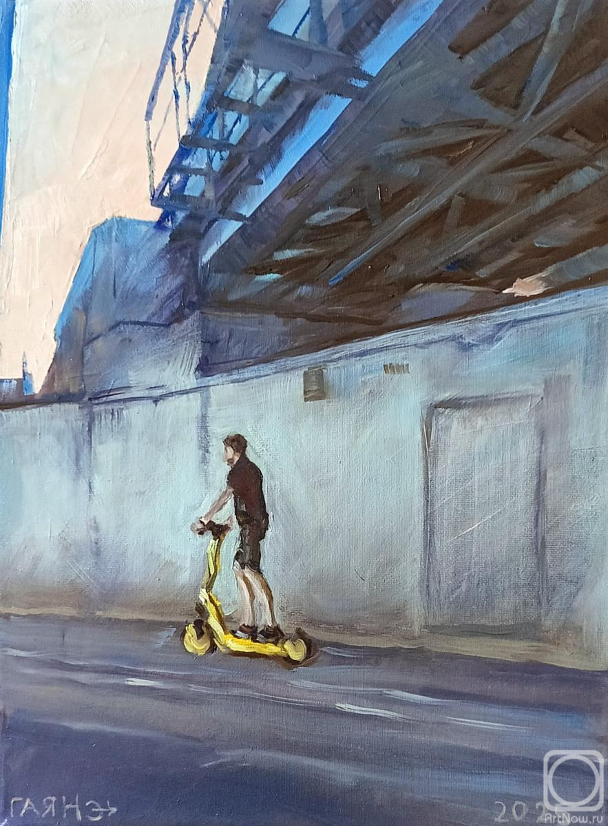 Dobrovolskaya Gayane. At sunset under the bridge on a scooter