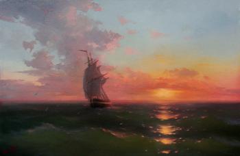 A ship at sea. Po motivam I.K. Aivazovskogo "Zakat na morya. Lone Sailboat". Vinokurov Alexander