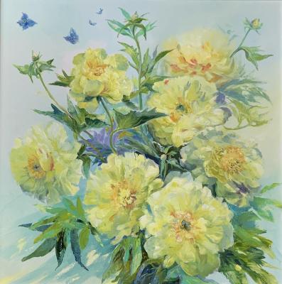 Yellow peonies and blue moths
