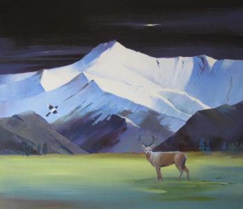 Mountain night landscape with deer (Mountain Deer). Maslov Evgeniy