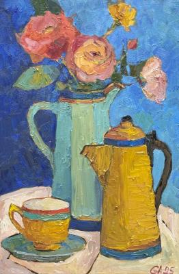 Colorful Floral Still Life with Teapot � 40x60 cm Original Oil Painting on Canvas. Golub Anna