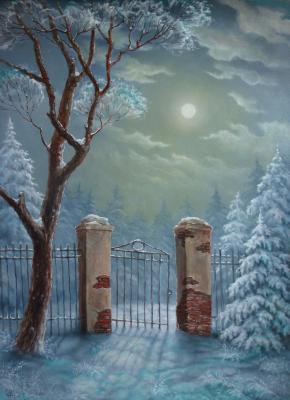 Winter landscape with the moon and a gate. Rusakov Aleksey
