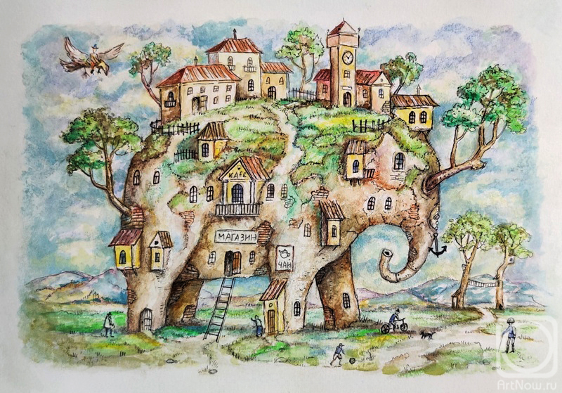 Rusakov Aleksey. Surreal elephant with trees and houses
