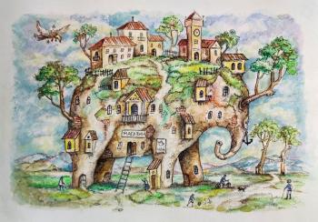 Surreal elephant with trees and houses