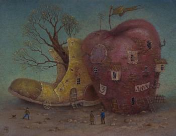 Still life with an apple and a shoe