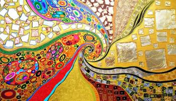 Klimt. The Kiss. Bright interior painting abstract with gold leaf