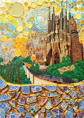 Painting mosaic Sagrada Familia. Barcelona. Surrealistic cityscape