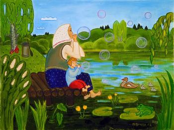 With grandson by the river. Razumova Lidia