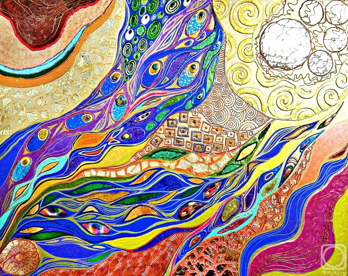 Bast Irina. Fantasy abstract. Green blue purple golden orange large art painting