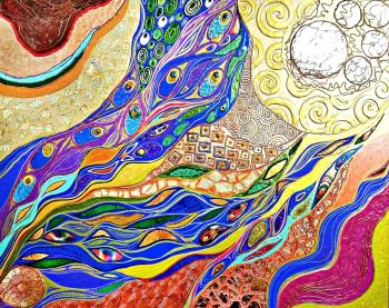 Fantasy abstract. Green blue purple golden orange large art painting. Bast Irina