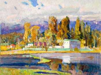 Evening landscape with cypresses. Zhukova Juliya