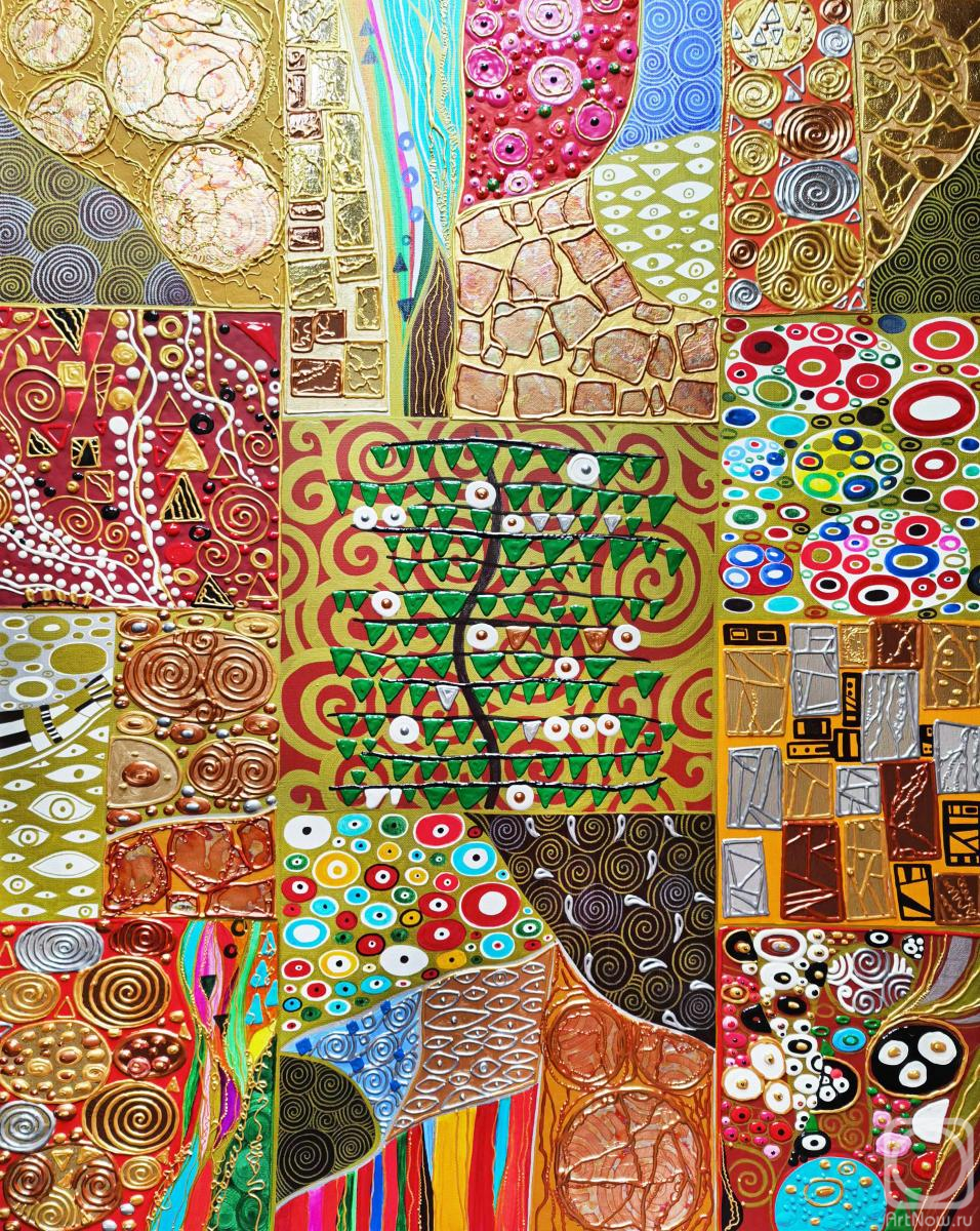 Bast Irina. Tree of Life. Klimt. Colorful, abstract collage in patchwork style