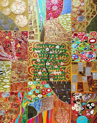 Tree of Life. Klimt. Colorful, abstract collage in patchwork style