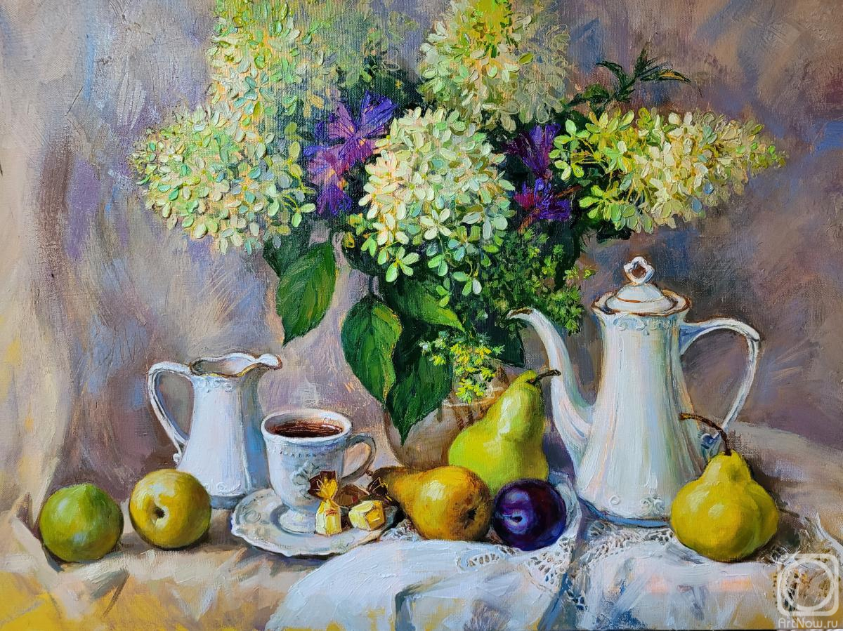 Simonova Olga. Still life with coffee and hydrangeas