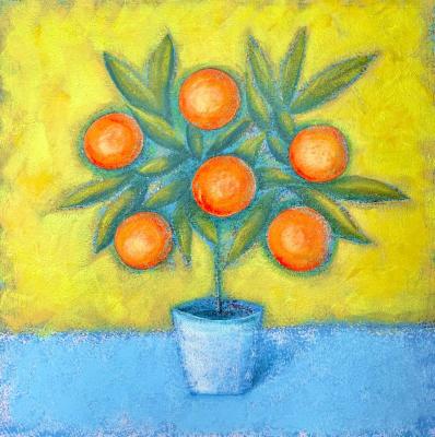 Orange tree on a yellow background (Still Life With Citrus Fruits). Belchenko Tatyana