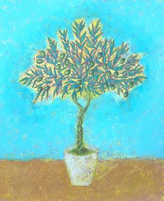 Olive tree on turquoise background. Belchenko Tatyana