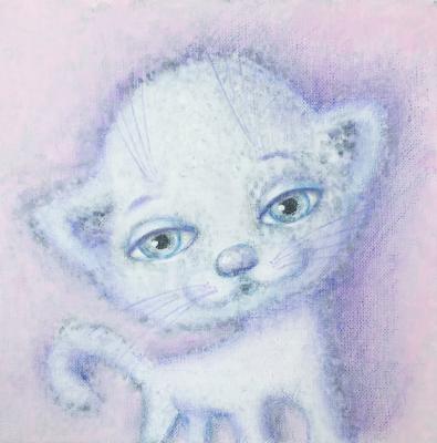 A white kitten with blue eyes on a pink background. Belchenko Tatyana