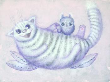 Funny Fat Striped Cat and Owls. Belchenko Tatyana
