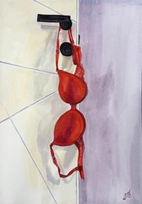 A vivid red bra, casually left on a door handle (Vivid Painting). Bacigalupo Nataly
