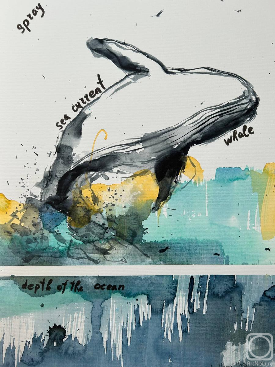 Dudchak Vladlena. Whale. Original drawing. Abstract yellow, green, black, blue