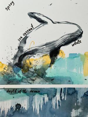 Whale. Original drawing. Abstract yellow, green, black, blue. Dudchak Vladlena